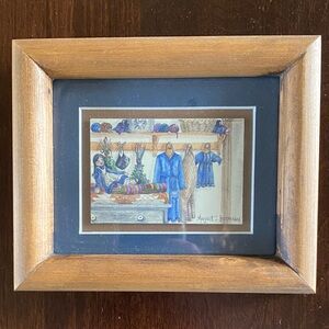 Rustic Framed Watercolor Featuring Dresses, Hats, a Doll and Quilt